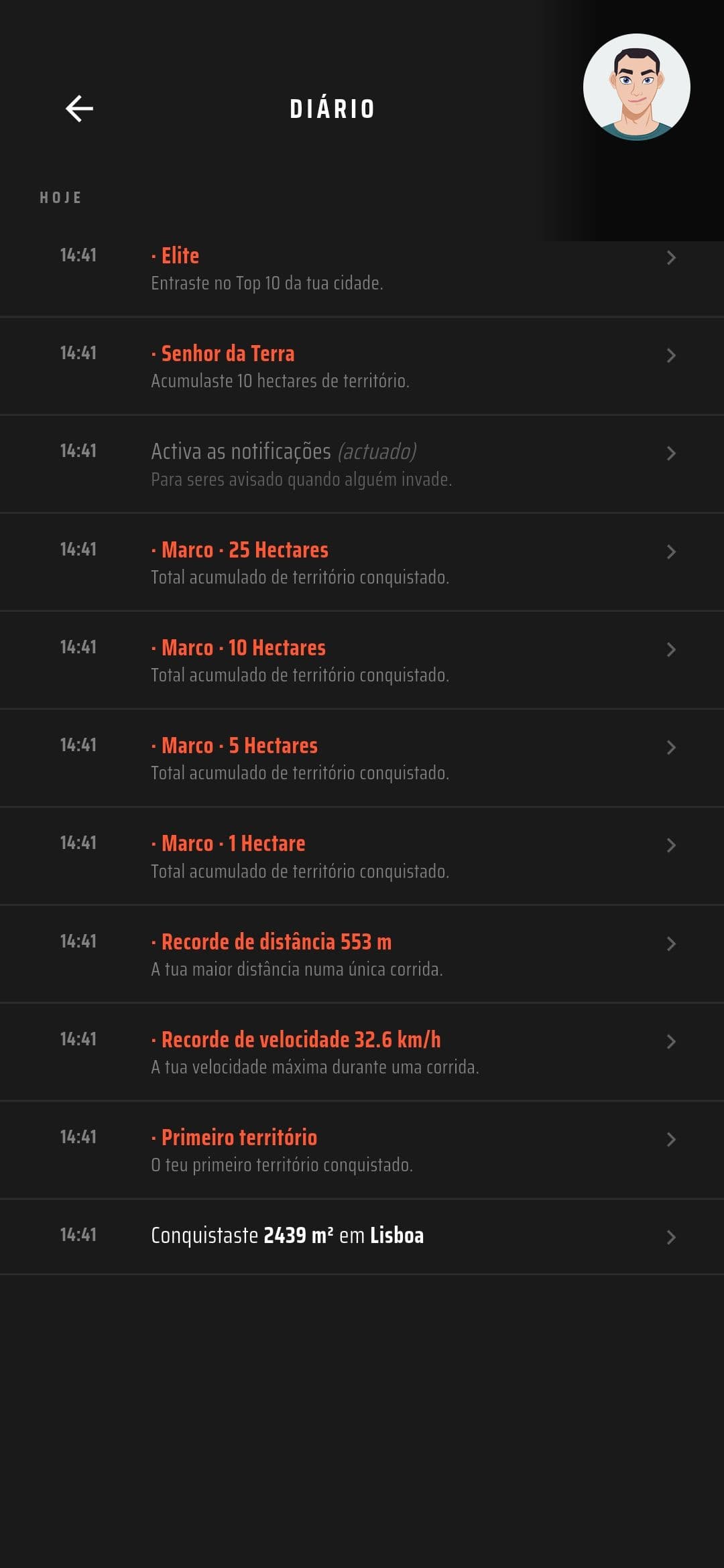 Diário de guerra com badges, marcos e conquistas