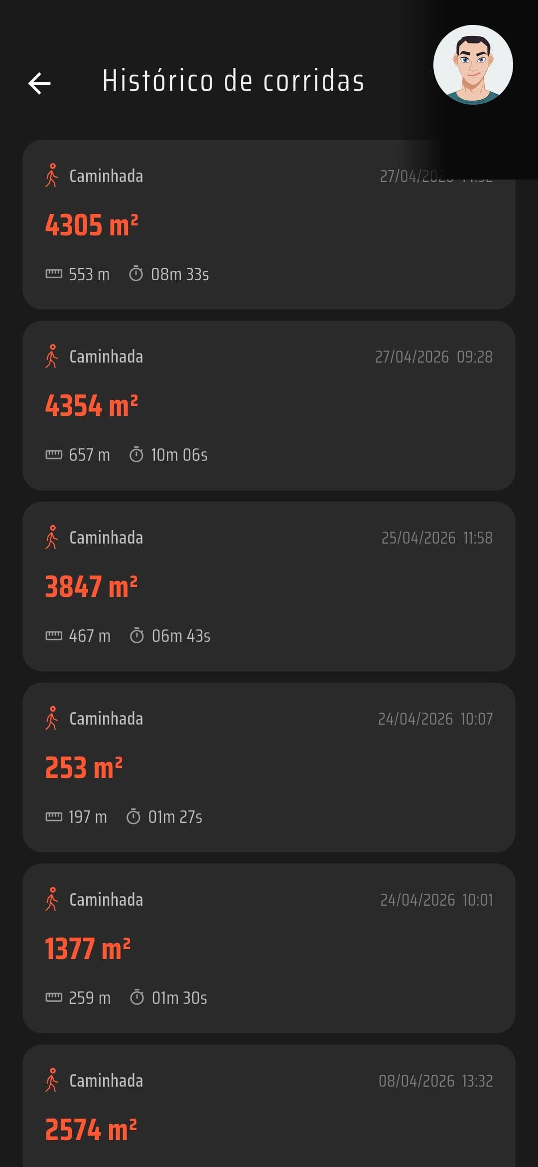 Histórico de corridas do jogador