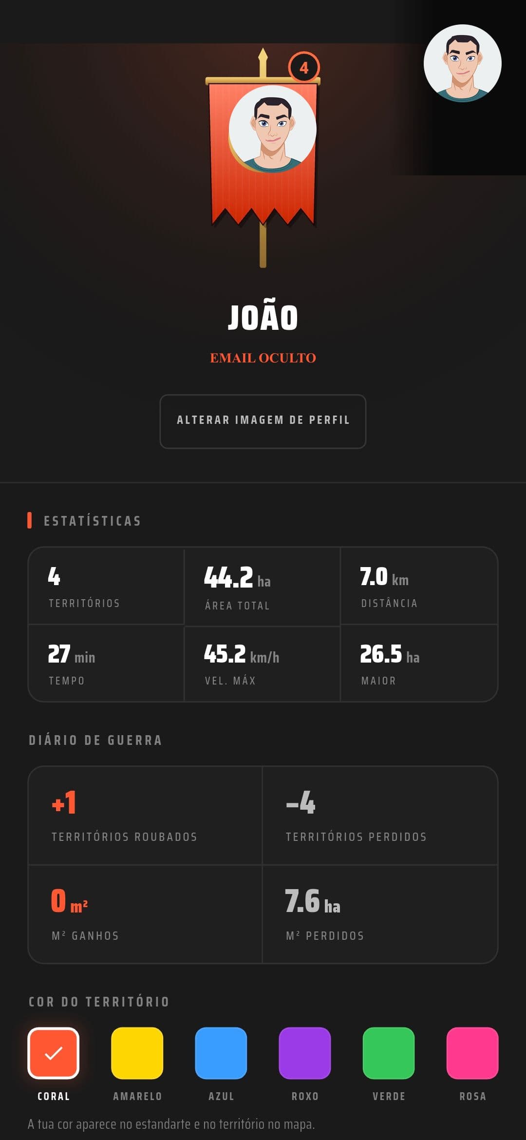 Página de perfil com estatísticas do jogador