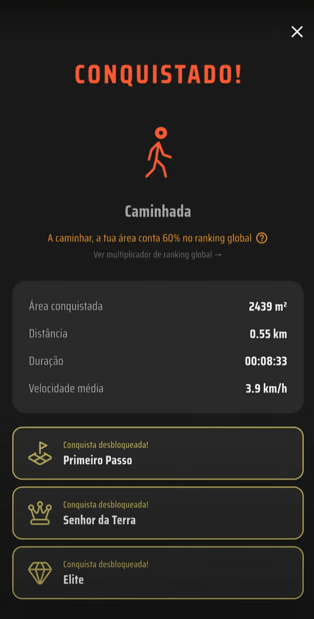 Flowtr — página de território conquistado com badges e estatísticas da corrida